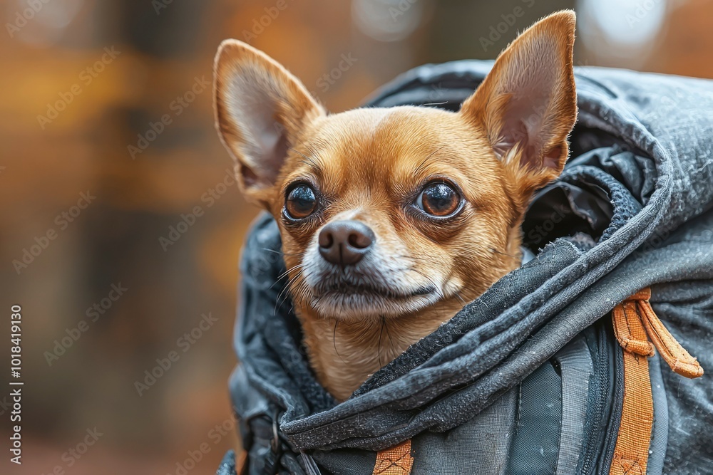 Close-up Portrait of a Brown Chihuahua Inside a Backpack Close-up Portrait of a Brown Chihuahua Inside a Backpack