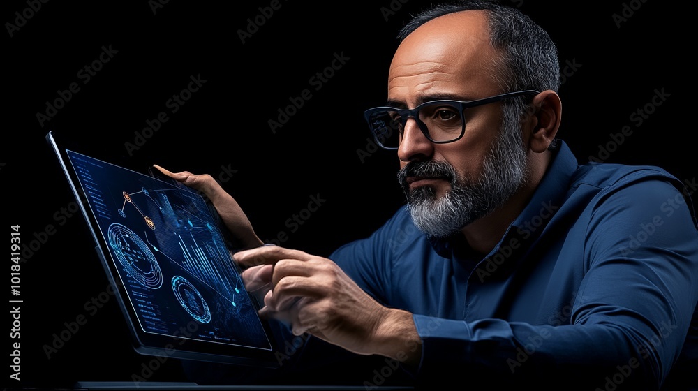 The Data Analyst: A seasoned professional scrutinizes data on a tablet, his focused gaze reflecting deep concentration and strategic thinking. The Data Analyst: A seasoned professional scrutinizes data on a tablet, his focused gaze reflecting deep concentration and strategic thinking.