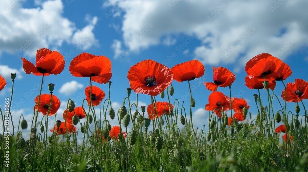 Obraz premium A vibrant display of blooming poppies in a field, with bright red petals standing out against green grass and blue sky.