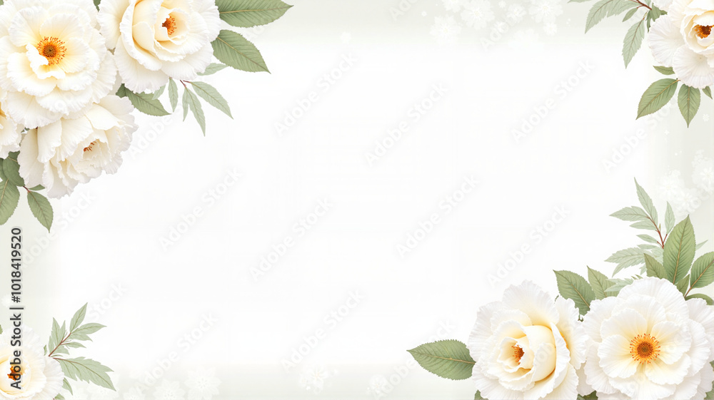 White background with floral border of soft white roses and green leaves White background with floral border of soft white roses and green leaves