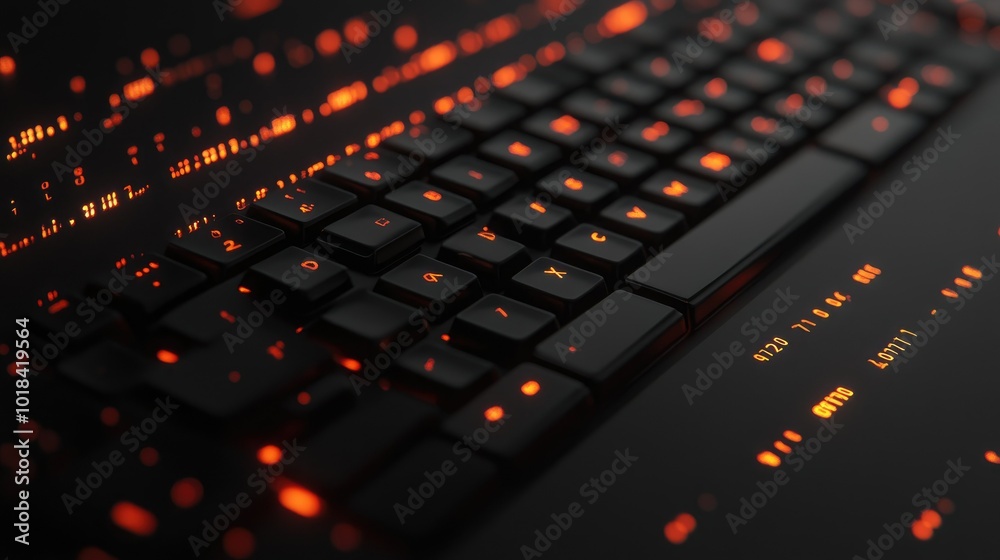Fast typing on a keyboard, digital code and programming elements floating in a dark tech setting. Fast typing on a keyboard, digital code and programming elements floating in a dark tech setting.