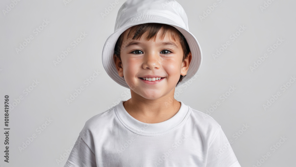 Little boy wearing white t-shirt and white bucket hat isolated on grey background Little boy wearing white t-shirt and white bucket hat isolated on grey background