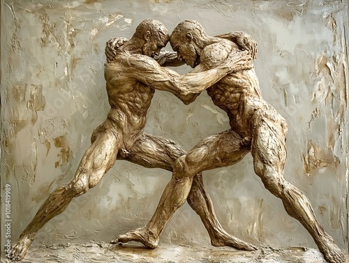 Dramatic Ritual Wrestling Contest of Statuesque Oil Glistened Combatants in Fierce Primal Dance photo