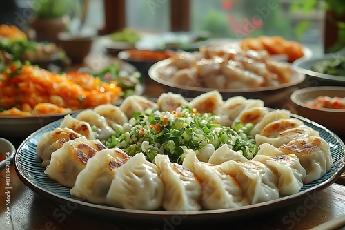 A vibrant spread of Asian dumplings, pleasingly arranged for sharing. photo