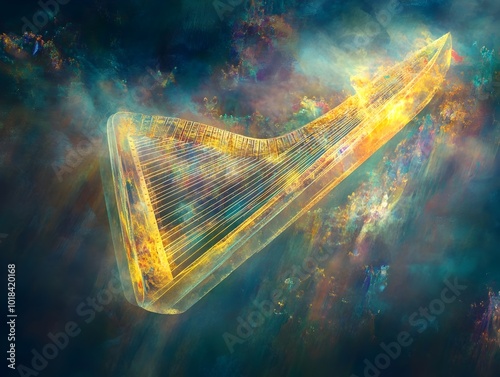 Majestic Crystalline Lyre Suspended in Transcendent Plane with Pulsing Harmonic Frequencies and Mystical Aura photo