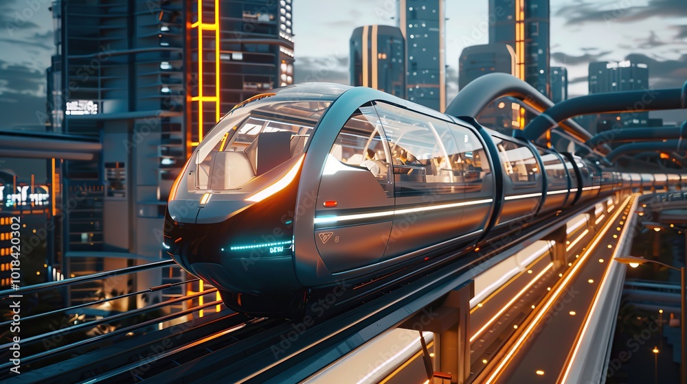 Futuristic monorail system integrated into a modern urban landscape Futuristic monorail system integrated into a modern urban landscape