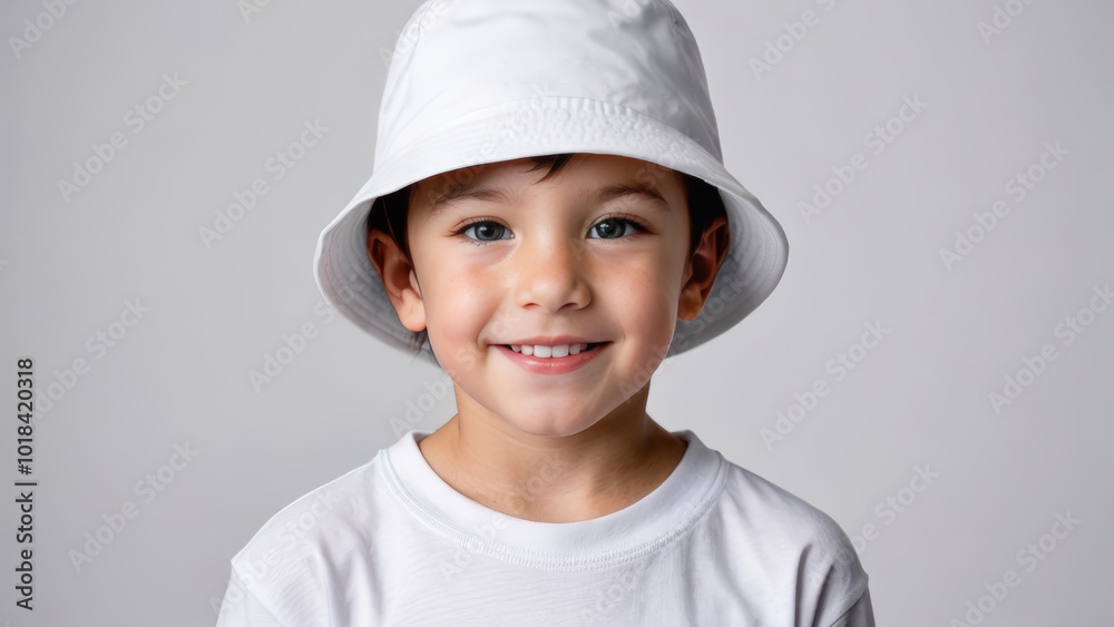 Little boy wearing white t-shirt and white bucket hat isolated on grey background Little boy wearing white t-shirt and white bucket hat isolated on grey background