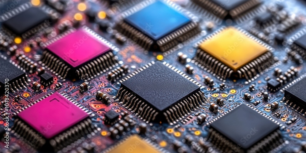 Fototapeta premium Close-up View of a Circuit Board with Colorful Microchips and Intricate Wiring