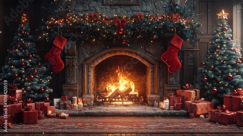 A warm, crackling fireplace with a roaring fire and festive decorations, surrounded by two Christmas trees adorned with twinkling lights and ornaments, creating a magical holiday atmosphere.