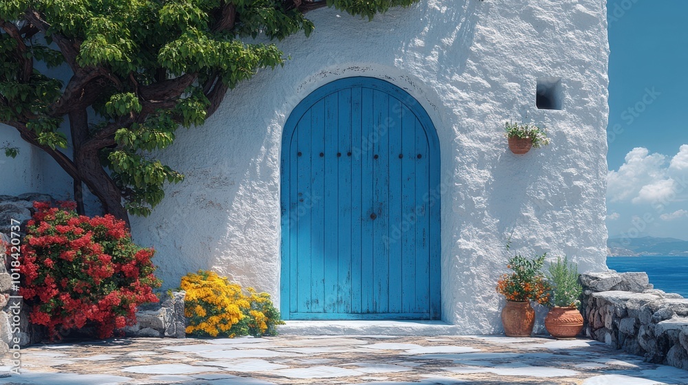 Fototapeta premium A weathered blue door leading to a quaint patio adorned with vibrant flowers, set against a backdrop of a whitewashed wall and a tranquil blue sea