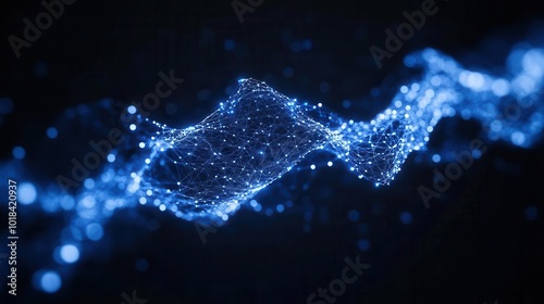 Abstract blue particles create a stunning wave-like pattern against a dark backdrop, symbolizing technology and innovation