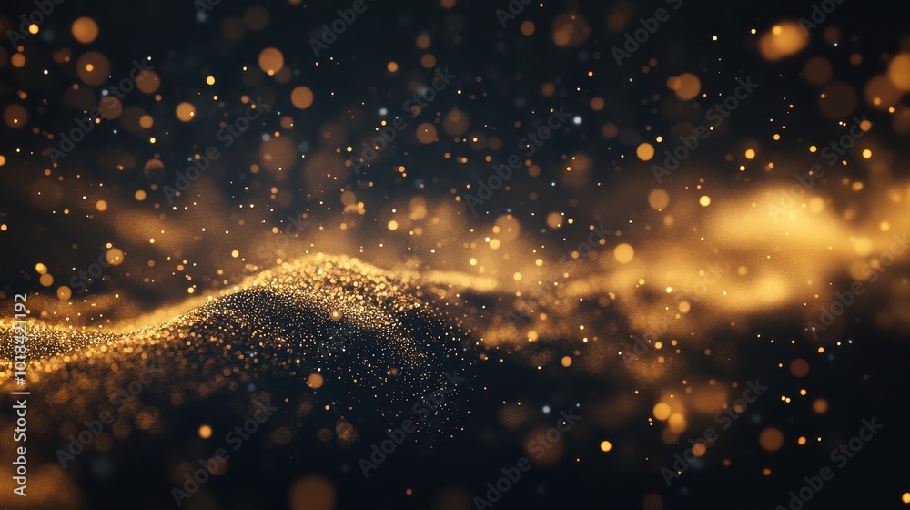 Obraz premium Abstract golden dust particles floating in the air against a dark background