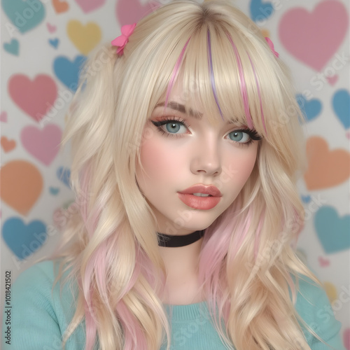 Una linda chica rubia,rodeada de hermosos corazones