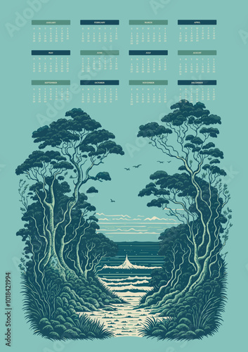 Illustrated 2025 calendar. Week starts on Sunday. Landscape illustration of a forest with a sea view and birds flying on the sky. Vector design template, ready to print. Yearly calendar.