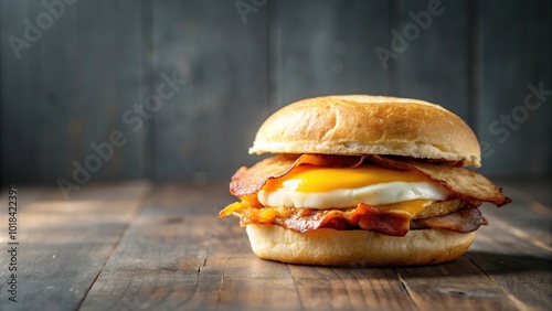 Gourmet bacon and egg breakfast sandwich on minimalist style background photo