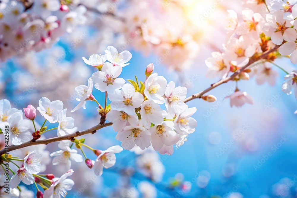 Natural spring background of blue sky and cherry blossom tree branches with white flowers Natural spring background of blue sky and cherry blossom tree branches with white flowers