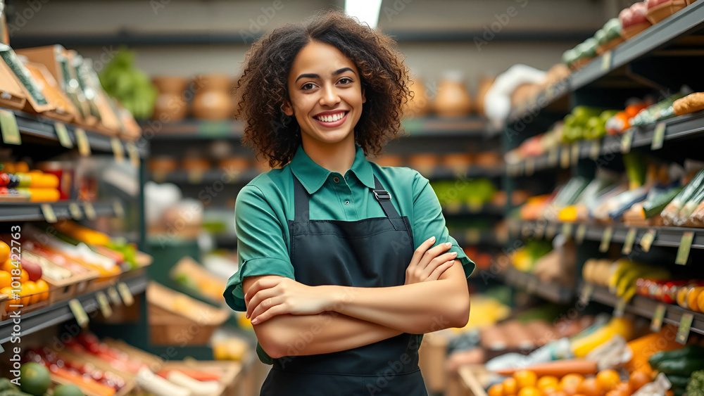 A confident grocery store employee stands with arms crossed in front of a well-stocked produce section, showcasing fresh fruits and vegetables. The individual wears a green apron over a dark shirt A confident grocery store employee stands with arms crossed in front of a well-stocked produce section, showcasing fresh fruits and vegetables. The individual wears a green apron over a dark shirt