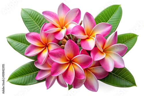 Blooming pink frangipani flowers on white background