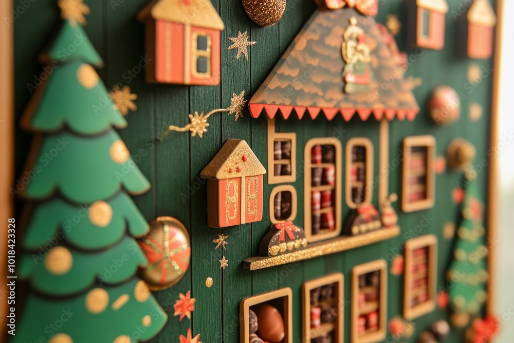 Naklejka premium Festive wooden christmas countdown calendar with chocolates and decorations