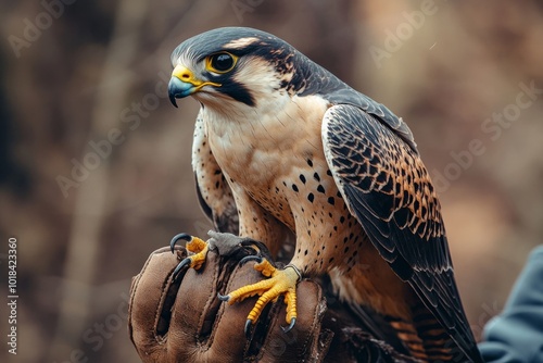 Majestic falcon perched on gloved hand in natural setting