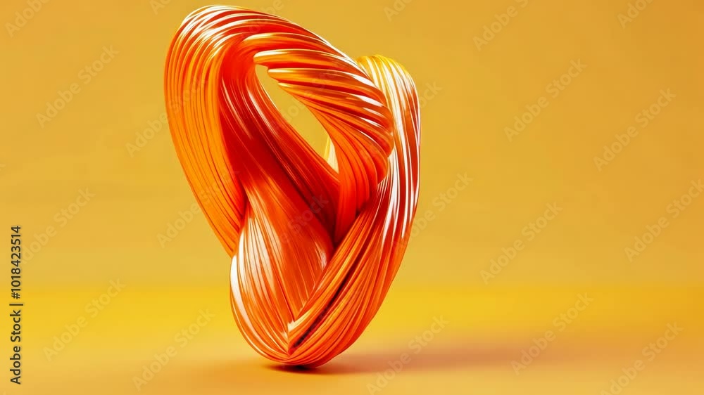A twisted, orange, abstract sculpture sits on a yellow background