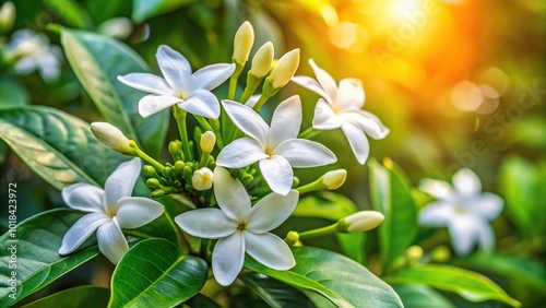 Natural white sampaguita jasmine blooming with bud inflorescence and green leaves in garden background