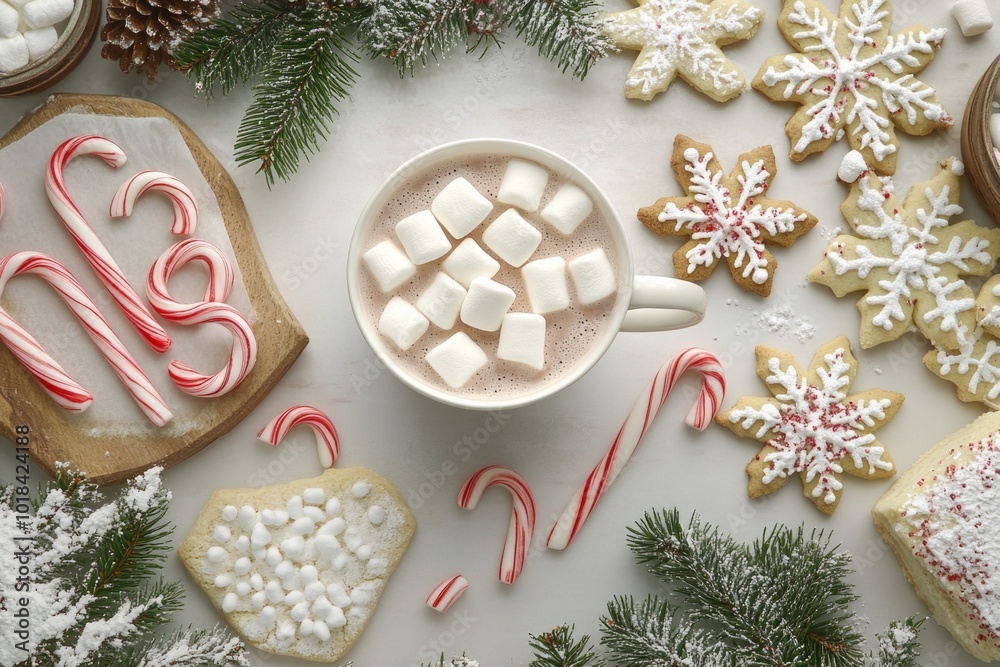 Fototapeta premium Festive hot chocolate and holiday cookies with candy canes and snowflake decorations