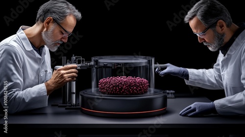 Precision 3D Bioprinting: Two focused scientists meticulously operate a cutting-edge 3D bioprinter, creating a vibrant, bio-engineered structure.