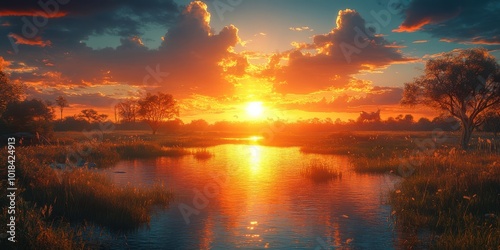 Golden Hour Reflecting on Tranquil River with Silhouetted Trees and Lush Grasslands