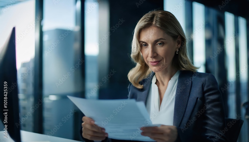 Businesswoman in a corporate setting, showing uncertainty while reading documents. Office environment, formal wear, professional setting Businesswoman in a corporate setting, showing uncertainty while reading documents. Office environment, formal wear, professional setting