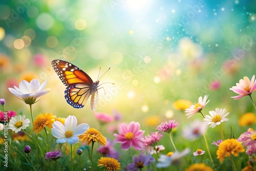 Nature background with flowers and butterfly in spring morning aerial view