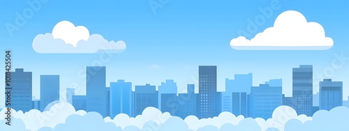 Flat vector illustration of a city skyline, with simple flat shapes, a light blue background, and sky and clouds in the background