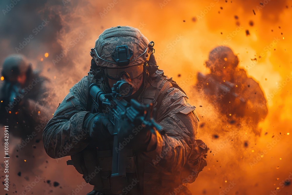 intense battle scene with soldiers in modern combat gear dramatic lighting smoke and debris urban warfare setting focus on tactical movements and teamwork
