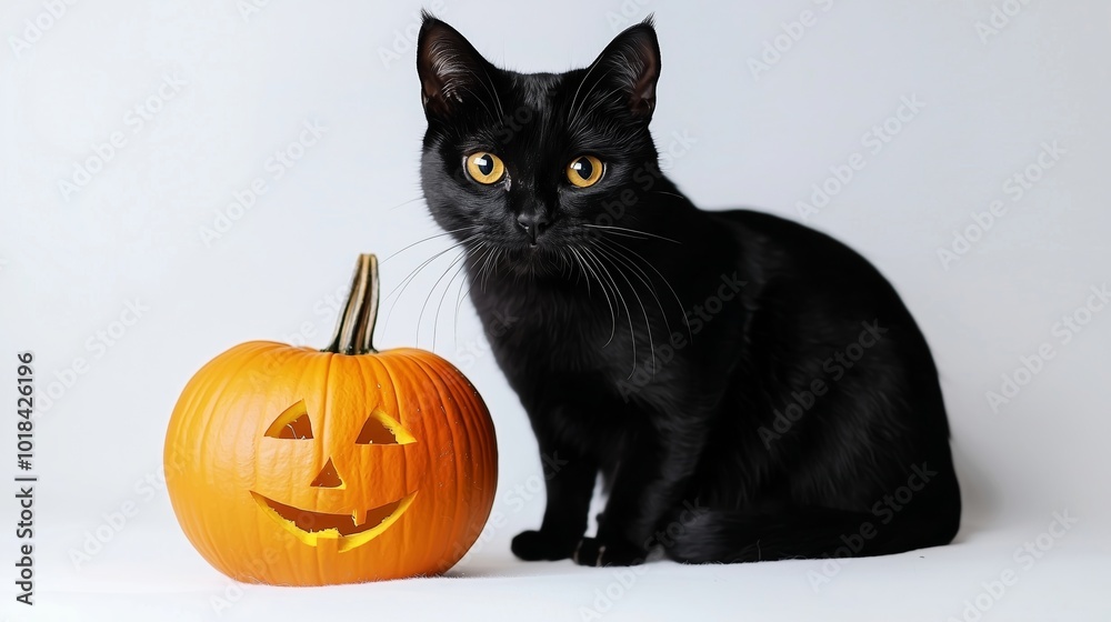 Adorable Black Cat Posing Next to a Carved Halloween Pumpkin Adorable Black Cat Posing Next to a Carved Halloween Pumpkin