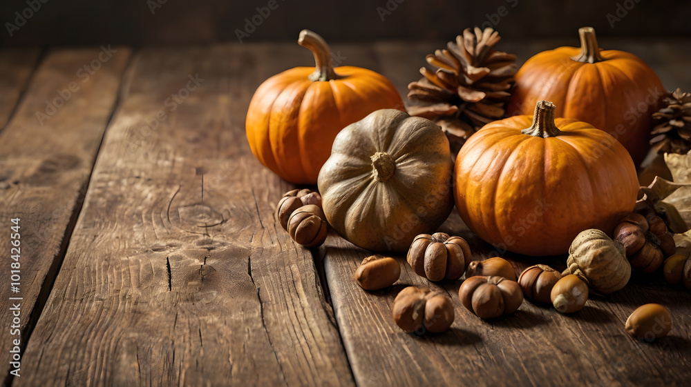 Autumn still life with pumpkins and leaves on a brown table, perfect for Halloween or Thanksgiving Autumn still life with pumpkins and leaves on a brown table, perfect for Halloween or Thanksgiving