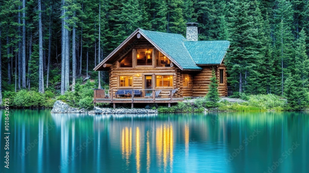 Small cabin near a serene lake, surrounded by pine trees and bathed in soft evening light. Small cabin near a serene lake, surrounded by pine trees and bathed in soft evening light.