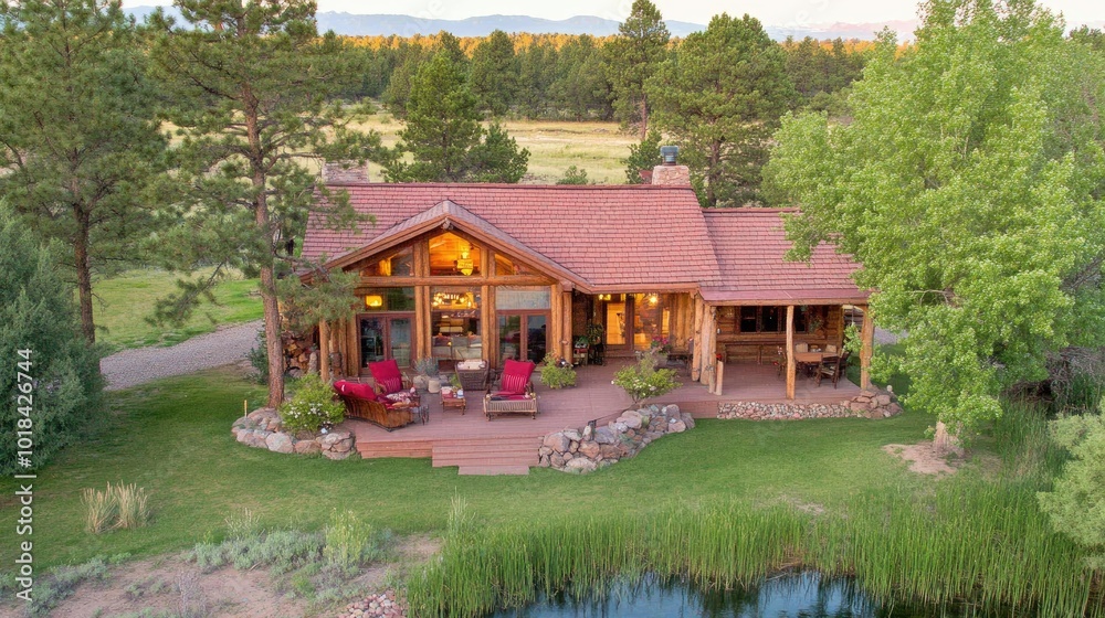 Small cabin near a serene lake, surrounded by pine trees and bathed in soft evening light. Small cabin near a serene lake, surrounded by pine trees and bathed in soft evening light.