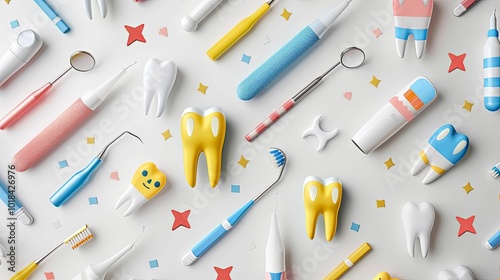 Dental Care Supplies and Cartoon Teeth on White Background photo