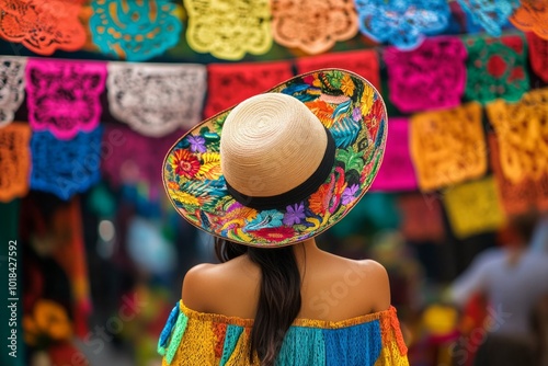 Colorful traditional mexican market scene with woman in embroidered hat photo