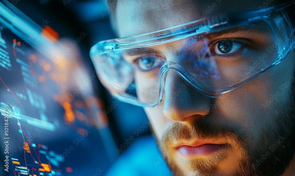 Man with beard wearing goggles looks at screen. Man with beard wearing goggles looks at screen.