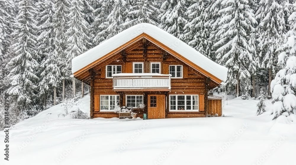 Snow-covered cabin in a tranquil winter landscape with pine trees and a soft morning light. Snow-covered cabin in a tranquil winter landscape with pine trees and a soft morning light.