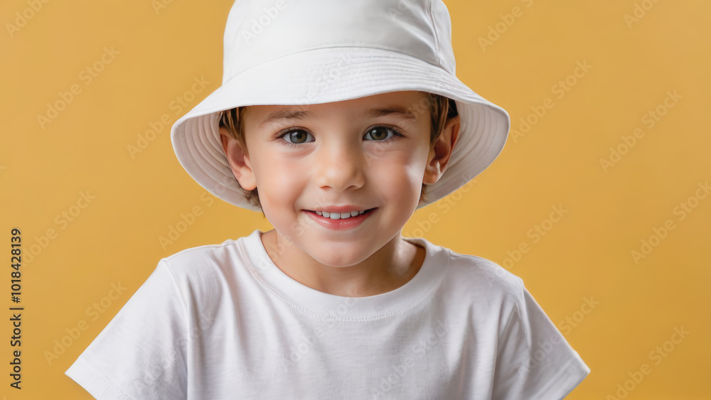 Little boy wearing white t-shirt and white bucket hat isolated on yellow background Little boy wearing white t-shirt and white bucket hat isolated on yellow background
