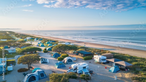 An aerial view of a beachfront campground. There are multiple tents and RVs scattered across the campground, with some tents near the water. The beach is wide