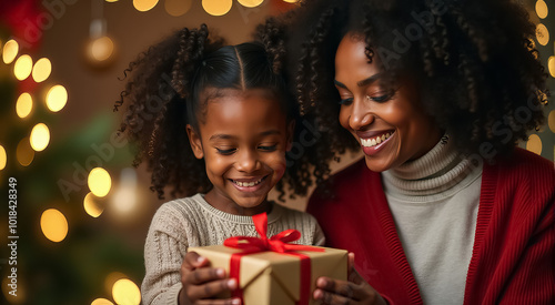 A woman and a child are holding a present together