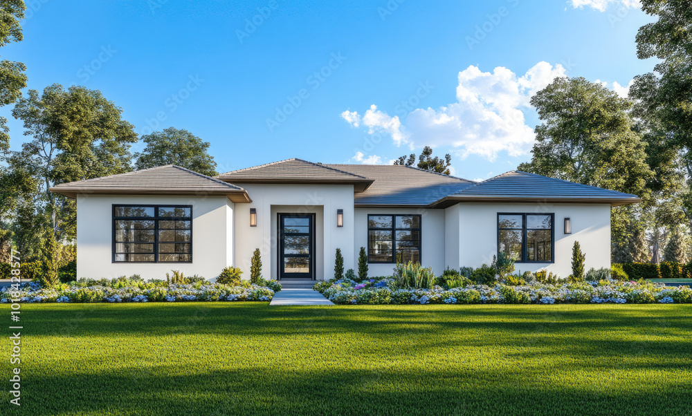 a modern one-story house with white walls and a light brown roof, front view, a green grass lawn in the yard, trees on both sides, and a blue sky, a landscape design a modern one-story house with white walls and a light brown roof, front view, a green grass lawn in the yard, trees on both sides, and a blue sky, a landscape design