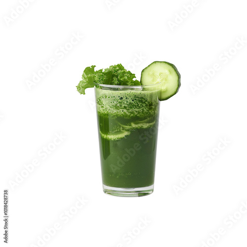 Fresh green juice with kale and cucumber garnish in a clear glass isolated on transparent background