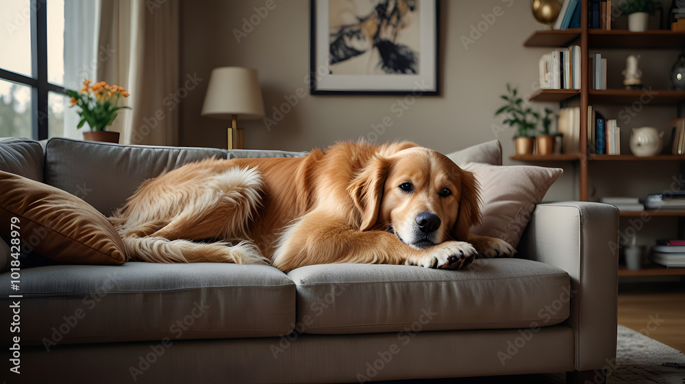Golden retriever puppy sitting on white sofa, tongue out Golden retriever puppy sitting on white sofa, tongue out
