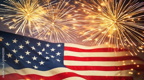 Stars and stripes of the American flag with bright fireworks, forming a vibrant banner design for USA celebrations.