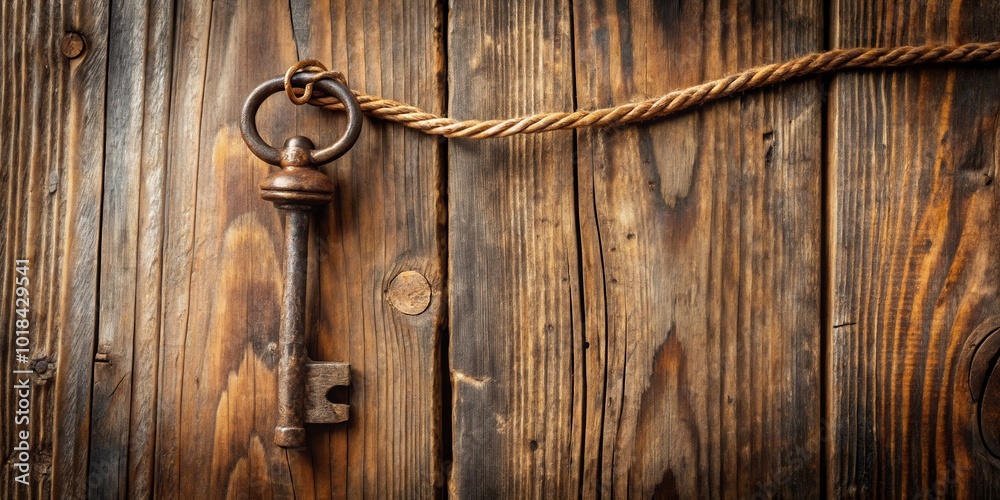 Fototapeta premium A solitary antique key tied with a rough rope hangs against a backdrop of weathered wooden planks.