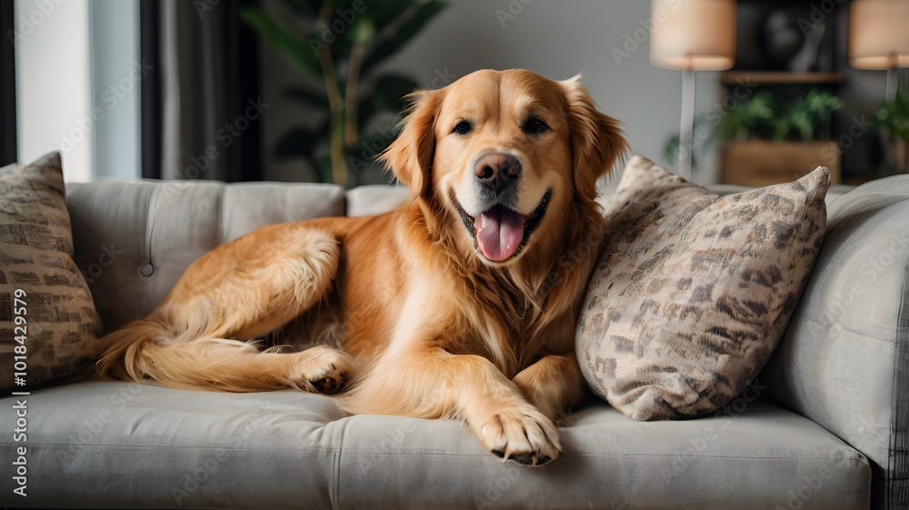 Golden retriever puppy sits happily with tongue out, adorable pet with brown fur Golden retriever puppy sits happily with tongue out, adorable pet with brown fur